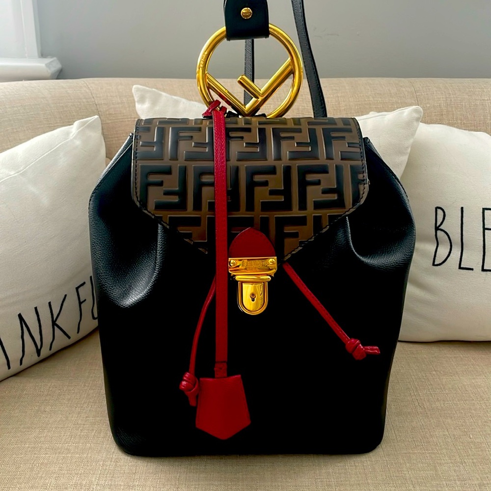 FENDI Drawstring Flap Backpack Leather with Zucca Embossed Detail